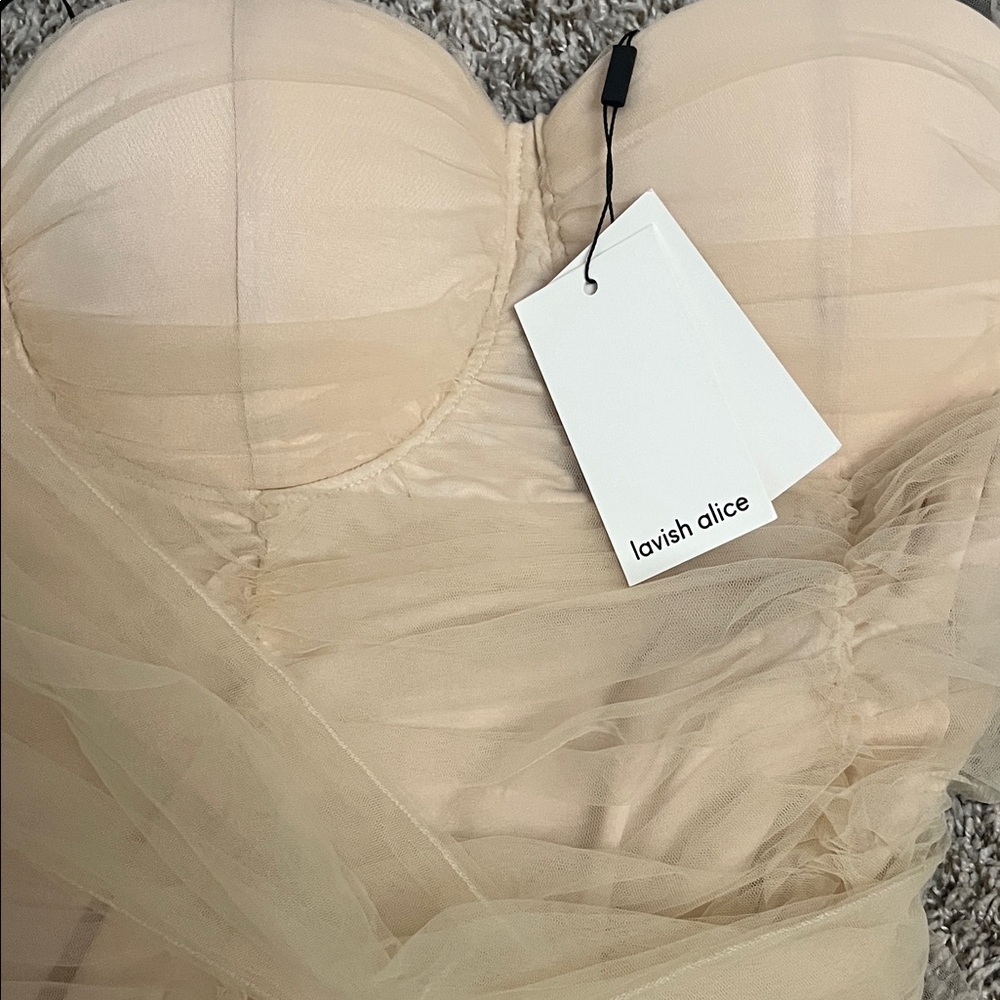 Lavish Alice Nude Off-Shoulder Ruched Mini Dress - Picture 2 of 4